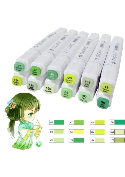 12 Yeşil Stil Sketch Art Marker Ikiz Ucu Manga Animasyon Tasarım Sanat Malzemeleri Boyama Illüstrasyon Renkler Touchfive Art Marker (Yurt Dışından)