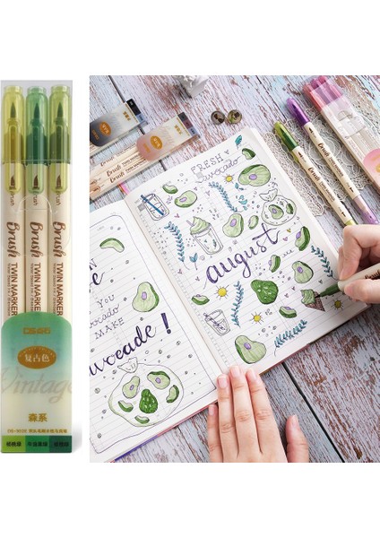 Mor Set Stili 3 Adet Retro Renk Fırça Marker Kalem Seti Çift Taraflı Ince Astar Su Bazlı Mürekkep Bükülebilir Suluboya Sanat Boya Çizim Okulu F133 (Yurt Dışından)