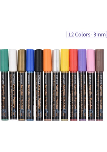 3mm 12 Renk Stili Renkler Akrilik Boya Marker Seti Su Bazlı Sanat Marker Kalem Dıy Craft Için Ince Ipucu Tuval Seramik Cam Taş (Yurt Dışından)