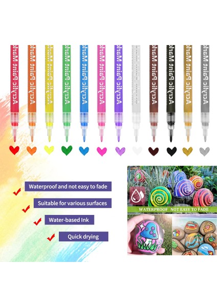 3mm 12 Renk Stili Renkler Akrilik Boya Marker Seti Su Bazlı Sanat Marker Kalem Dıy Craft Için Ince Ipucu Tuval Seramik Cam Taş (Yurt Dışından)