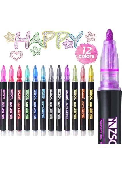 12 Renk Stili 12 Renkler Metalik Glitter Renkli Renk Anahat Işaretleyici Kawaii Sanat Işaretleyici Çift Çizgi Kalem Okul Çizim Sanat Malzemeleri Için Kalem (Yurt Dışından) fiyatları