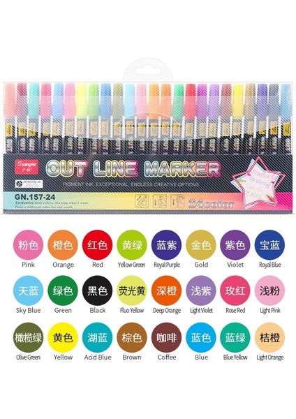 24 Renk Stili 24 Renk Çift Çizgili Anahat Kalemleri Kendinden Anahatlı Metalik Sanat Işaretleyiciler Taş Ahşap, Kauçuk, Cam Noel Kartı Için Parıltılı Kalemler (Yurt Dışından)
