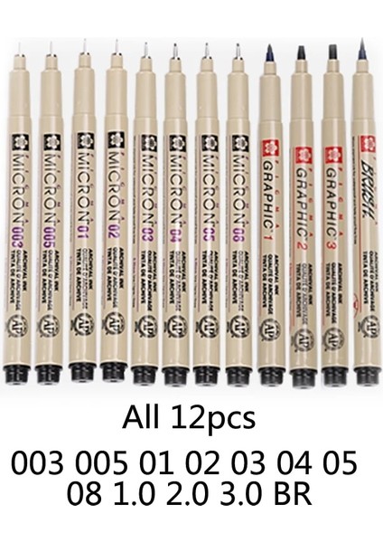 12 Adet Tarzı Mikron Kalem Astar Çizim Fineliner Kalem Seti Siyah Su Geçirmez Mürekkep Eskiz Işaretleyici Okul Sanat Malzemeleri Yazı Anime Kalem (Yurt Dışından)