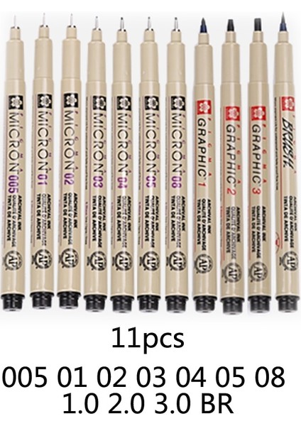11 Adet Tarzı Mikron Kalem Astar Çizim Fineliner Kalem Seti Siyah Su Geçirmez Mürekkep Eskiz Işaretleyici Okul Sanat Malzemeleri Yazı Anime Kalem (Yurt Dışından)