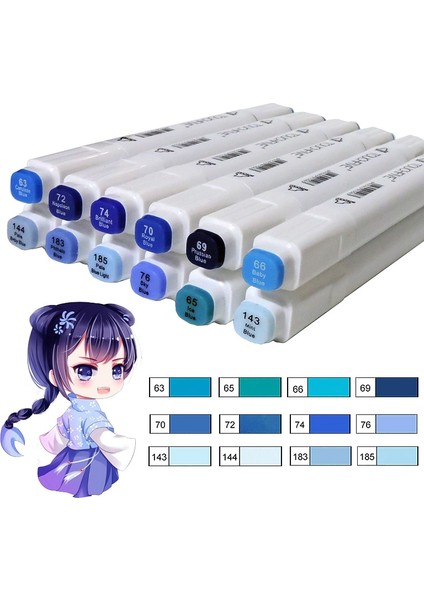 12 Mavi Stil Sketch Art Marker Ikiz Ucu Manga Animasyon Tasarım Sanat Malzemeleri Boyama Illüstrasyon Renkler Touchfive Art Marker (Yurt Dışından)