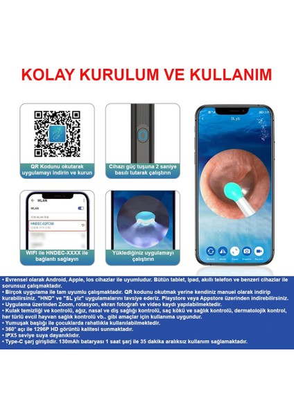 Kablosuz Wifi Kulak Temizleme Kamerası - Ios Android Iphone Uyumlu 1296P Hd LED Otoskop Kamera