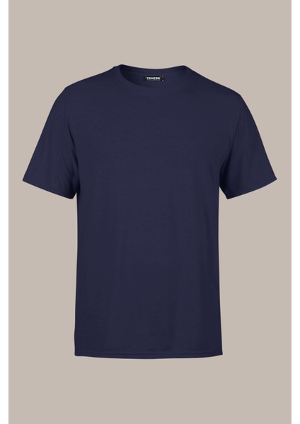 Erkek Lacivert Slim Fit Pamuklu Kısa Kollu Bisiklet Yaka T-Shirt