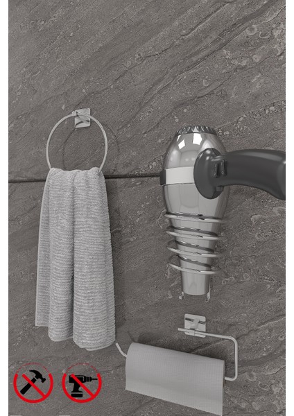 Scilla Kare Krom Yapışkanlı 3'lü Banyo Seti - Halka Havluluk, Solo Havluluk, Kare Fön Makinesi Askısı