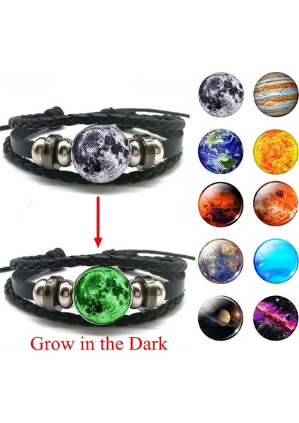 Beden 8 Karanlıkta Glow Güneş Sistemi Bilezik Ay Dünya Uzay Gezegen Deri Bilezik Charm Kadın Erkek Moda Işıltılı Bilezikler (Yurt Dışından)
