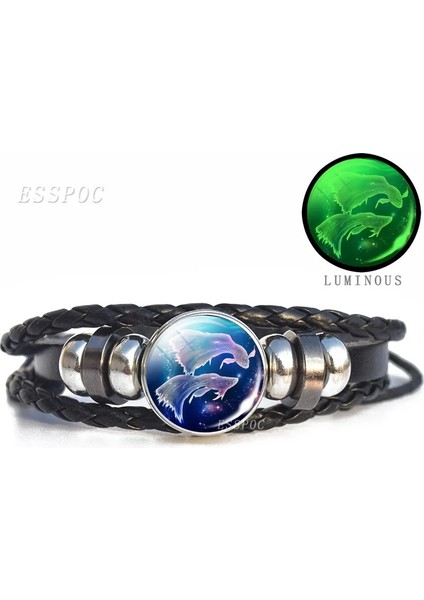 Balık Burcu 12 Takımyıldızı Bilezik Charms Burç Cam Cabochon Punk Takı Siyah Çok Katmanlı Deri Bilezik Kadın Erkek Hediye (Yurt Dışından)
