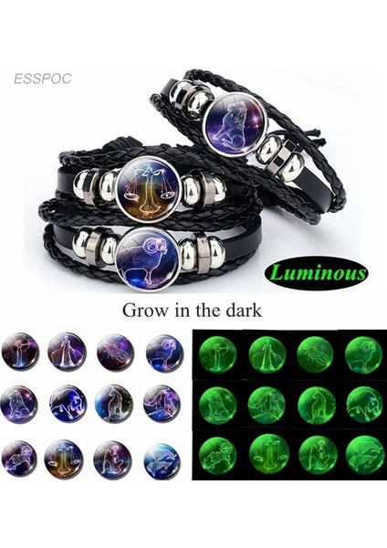 Balık Burcu 12 Takımyıldızı Bilezik Charms Burç Cam Cabochon Punk Takı Siyah Çok Katmanlı Deri Bilezik Kadın Erkek Hediye (Yurt Dışından) fiyatları