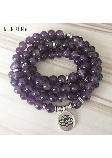 Bronz Buda 108 Ametist Mala Yoga Bileklik Mor Doğal Taş Lotus Bileklik Veya Kolye Buda Charm Bilek 5 Sarılmış Bileklik (Yurt Dışından)