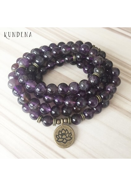 Bronz Buda 108 Ametist Mala Yoga Bileklik Mor Doğal Taş Lotus Bileklik Veya Kolye Buda Charm Bilek 5 Sarılmış Bileklik (Yurt Dışından)