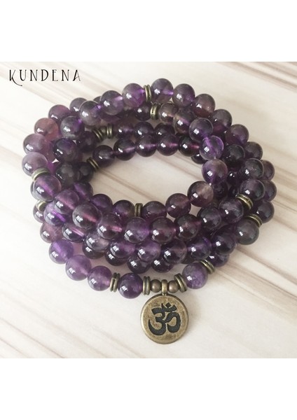 Bronz Buda 108 Ametist Mala Yoga Bileklik Mor Doğal Taş Lotus Bileklik Veya Kolye Buda Charm Bilek 5 Sarılmış Bileklik (Yurt Dışından)