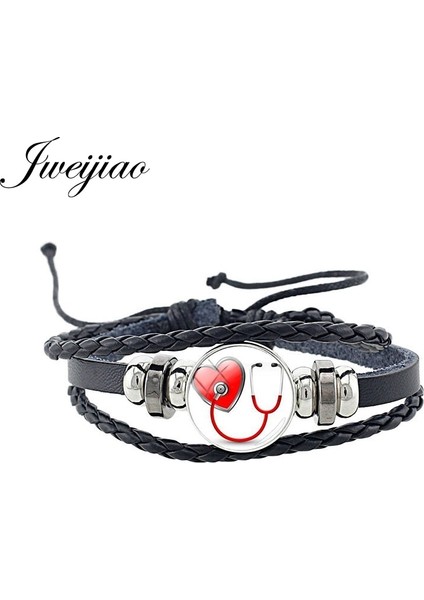 NT262 Jweıjıao Tıbbi Stetoskop Fotoğraf Pu Deri Snap Düğmesi Siyah Bilezik Yuvarlak Cam Doktor Hemşire Bilezik Takı Hediye NT260 (Yurt Dışından) fırsatları