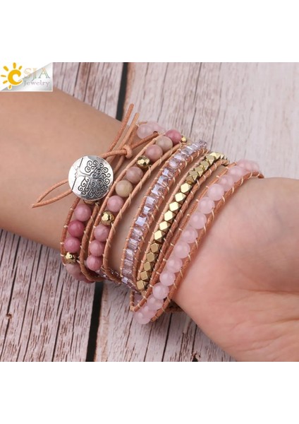 Csja Doğal Taş Bilezik Kadınlar Için Pembe Kuvars Deri Wrap Bilezikler Gül Taşlar Kristal Boncuk Bohemia Takı 5 Strand S308 (Yurt Dışından) modelleri
