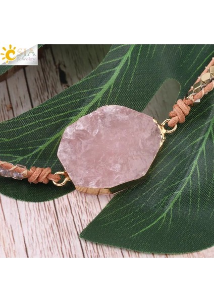 Csja Doğal Taş Bilezik Kadınlar Için Pembe Kuvars Deri Wrap Bilezikler Gül Taşlar Kristal Boncuk Bohemia Takı 5 Strand S308 (Yurt Dışından) fırsatları