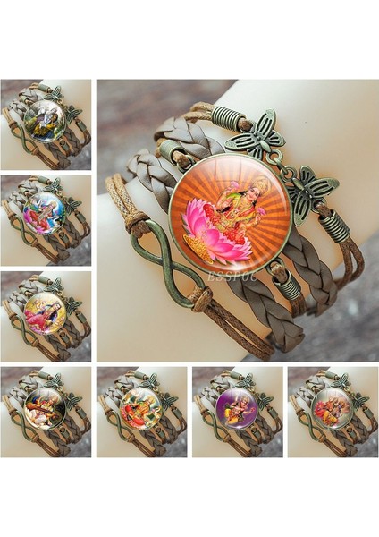 Gümüş Kaplı Lakshmi Tanrıça Bilezik Sanat Resim Cam Cabochon Çok Katmanlı Deri Bilezik Hinduizm Muska Takı Kadınlar Için Hediye (Yurt Dışından)