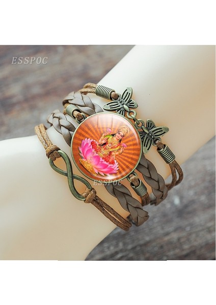 Gümüş Kaplı Lakshmi Tanrıça Bilezik Sanat Resim Cam Cabochon Çok Katmanlı Deri Bilezik Hinduizm Muska Takı Kadınlar Için Hediye (Yurt Dışından) fiyatları