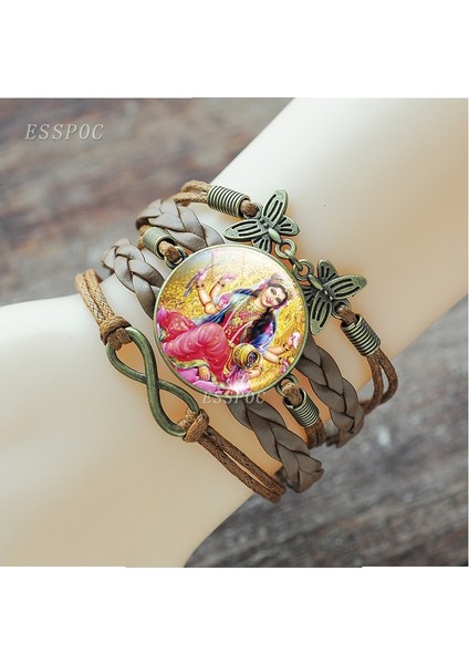 Gümüş Kaplı Lakshmi Tanrıça Bilezik Sanat Resim Cam Cabochon Çok Katmanlı Deri Bilezik Hinduizm Muska Takı Kadınlar Için Hediye (Yurt Dışından) modelleri