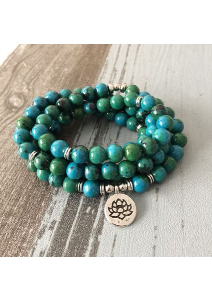 Gümüş Yoga 108 Yeşil Boncuk Mala Bilezik Lotus Çiçeği Om Bilek Budist Buda Yoga Unisex Erkekler Için Bilezikler Azurit Taş Bilezik (Yurt Dışından)