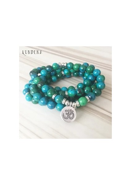 Gümüş Yoga 108 Yeşil Boncuk Mala Bilezik Lotus Çiçeği Om Bilek Budist Buda Yoga Unisex Erkekler Için Bilezikler Azurit Taş Bilezik (Yurt Dışından)