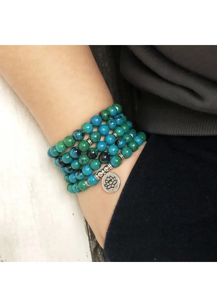 Gümüş Yoga 108 Yeşil Boncuk Mala Bilezik Lotus Çiçeği Om Bilek Budist Buda Yoga Unisex Erkekler Için Bilezikler Azurit Taş Bilezik (Yurt Dışından)