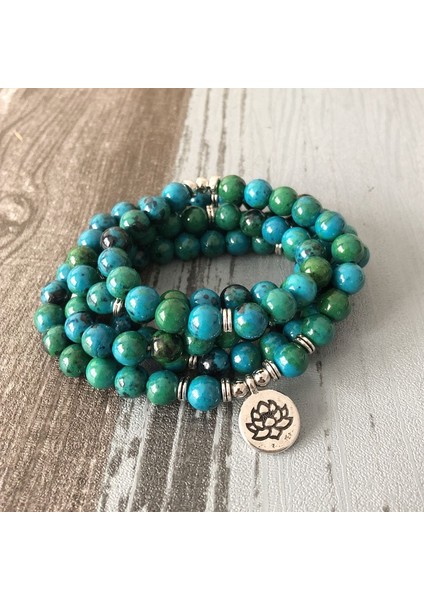 Gümüş Yoga 108 Yeşil Boncuk Mala Bilezik Lotus Çiçeği Om Bilek Budist Buda Yoga Unisex Erkekler Için Bilezikler Azurit Taş Bilezik (Yurt Dışından)