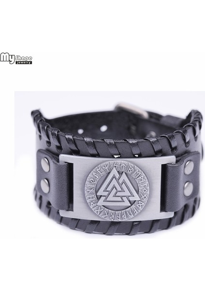 Geniş Siyah-Gümüş My Shape Slav Norveç Valknut Pagan Muska Deri Bilezik Metal Oyma Runes Bileklik Iskandinav Viking Avrupa Takı (Yurt Dışından)
