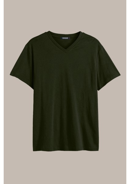 Erkek Haki Basıc Slim Fit Pamuklu Kısa Kollu V Yaka T-Shirt