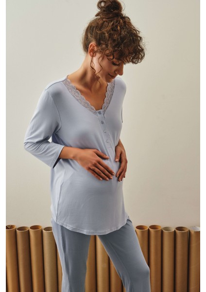 Kadın Anne Adayı Modal Dantel Detaylı Pijama Üstü
