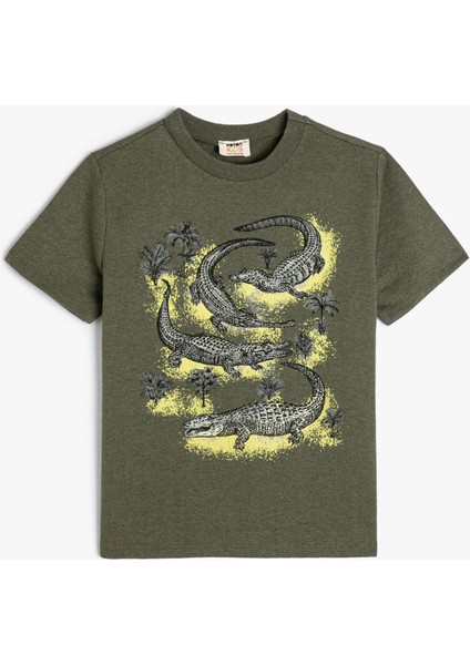 Tişört Timsah Baskılı Kısa Kollu Bisiklet Yaka