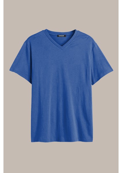 Erkek Mavi Basıc Slim Fit Pamuklu Kısa Kollu V Yaka T-Shirt