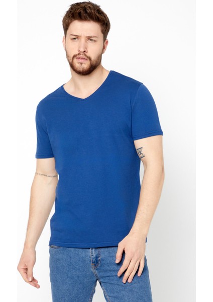 Erkek Mavi Basıc Slim Fit Pamuklu Kısa Kollu V Yaka T-Shirt