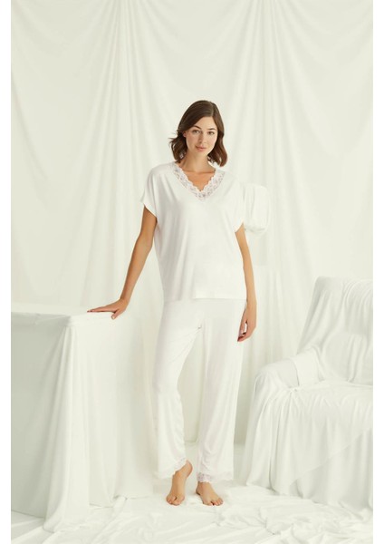 Kadın Kısa Kollu V Yakalı Dantelli Pijama Takımı 18513 fiyatları