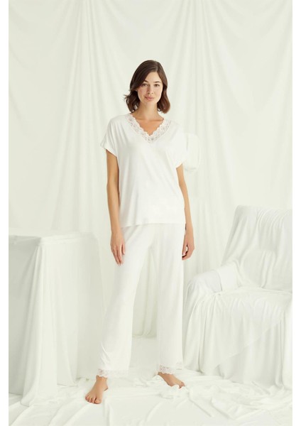 Kadın Kısa Kollu V Yakalı Dantelli Pijama Takımı 18513 modelleri
