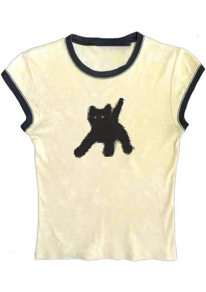 Krem Black Cat Kısa Kollu Crop