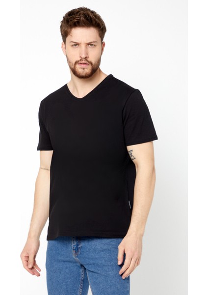 Erkek Siyah Slim Fit Pamuklu Kısa Kollu V Yaka T-Shirt