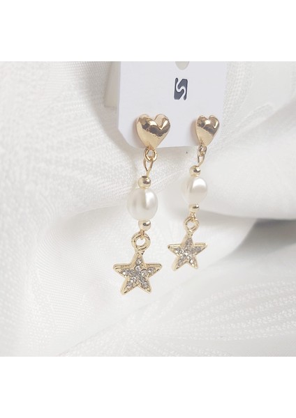 Kalpli Yıldızlı Incili Küpe