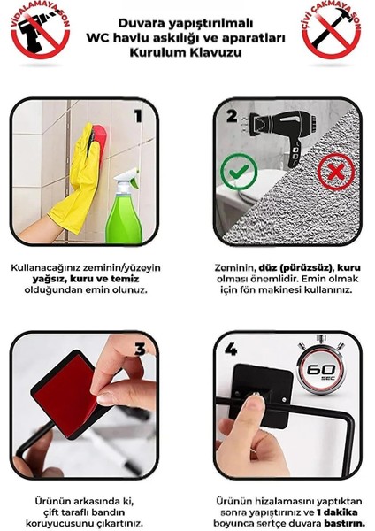 Yapışkanlı Siyah Kare Havluluk Rulo Havluluk Wc Peçetelik Kağıtlık 3'lü Pratik Banyo Mutfak Set