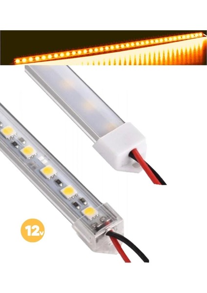 2 Adet 25 cm Alüminyum Kasa Çubuk Şerit LED Işık Şeffaf Amber 12 Volt