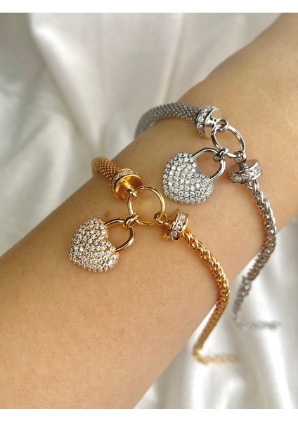 Zirkon Taş Işlemeli Kalp Desenli Vip Çelik Bileklik