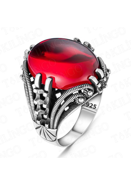 925 Ayar Gümüş Ruby Taşlı Sade Motifli Erkek Yüzük fiyatları
