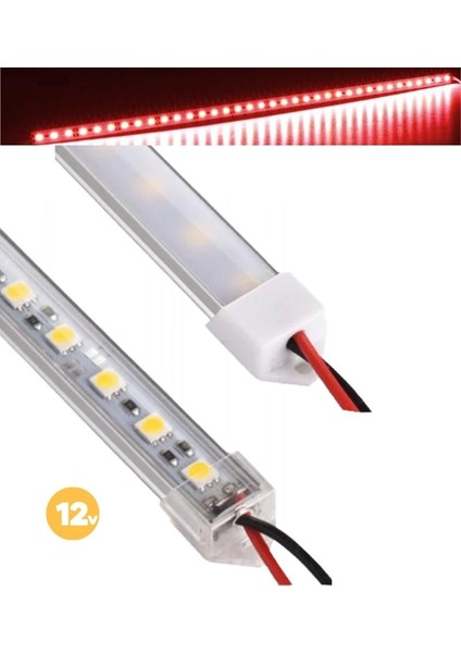 2 Adet 50 cm Alüminyum Kasa Çubuk Şerit LED Işık Şeffaf Kırmızı 12 Volt