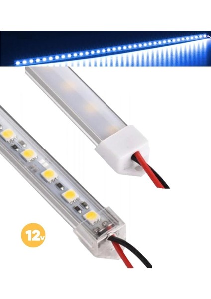 2 Adet 50 cm Alüminyum Kasa Çubuk Şerit LED Işık Opak Mavi 12 Volt