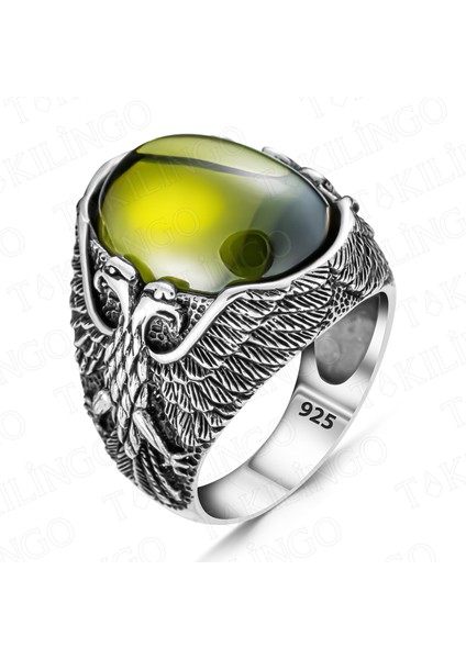 925 Ayar Gümüş Yeşil Olivin Peridot Taşlı Kartal Motifli Erkek Yüzük fiyatları