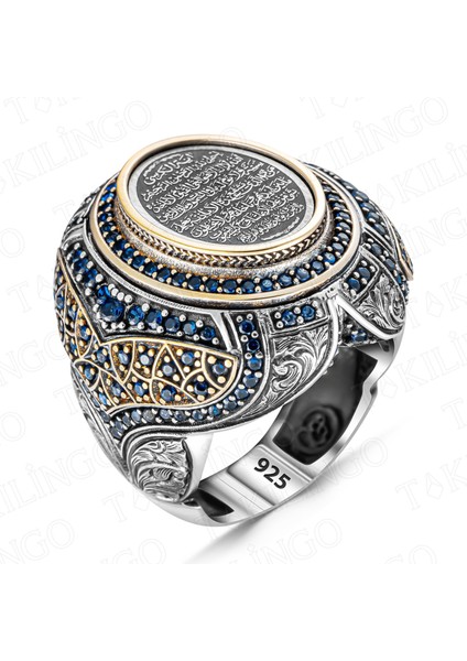 925 Ayar Gümüş Mavi Zirkon Taşlı Ayetel Kürsi Işlemeli Osmanlı Tarzı Usta Işi Erkek Yüzük fiyatları