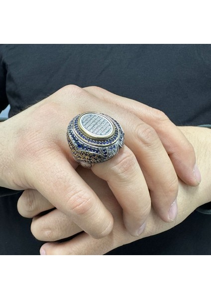 925 Ayar Gümüş Mavi Zirkon Taşlı Ayetel Kürsi Işlemeli Osmanlı Tarzı Usta Işi Erkek Yüzük fırsatları