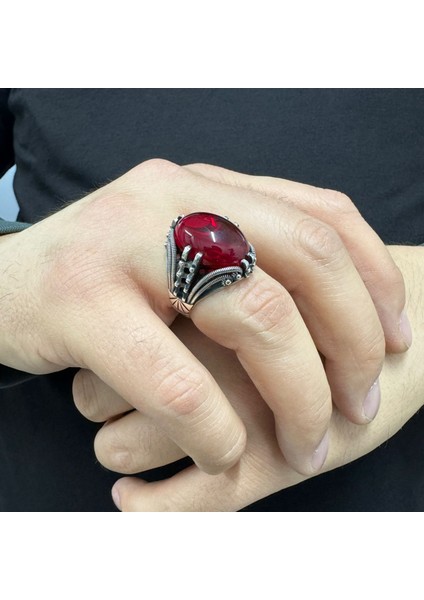 925 Ayar Gümüş Ruby Taşlı Sade Motifli Erkek Yüzük modelleri