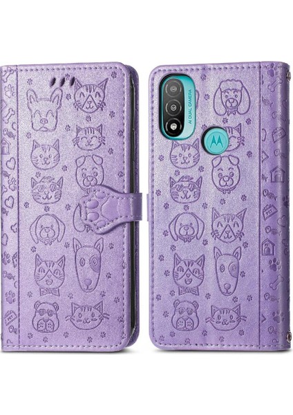 Moto E20 Flip Kapak Için Kılıf Kısa Kayış Karikatür Hayvanlar Deri Kılıf (Yurt Dışından)